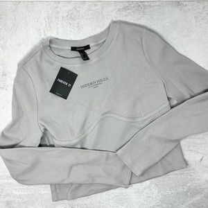 NWT Forever 21 Purple Grey Long Sleeve Hidden Hills California Crop Top Size L